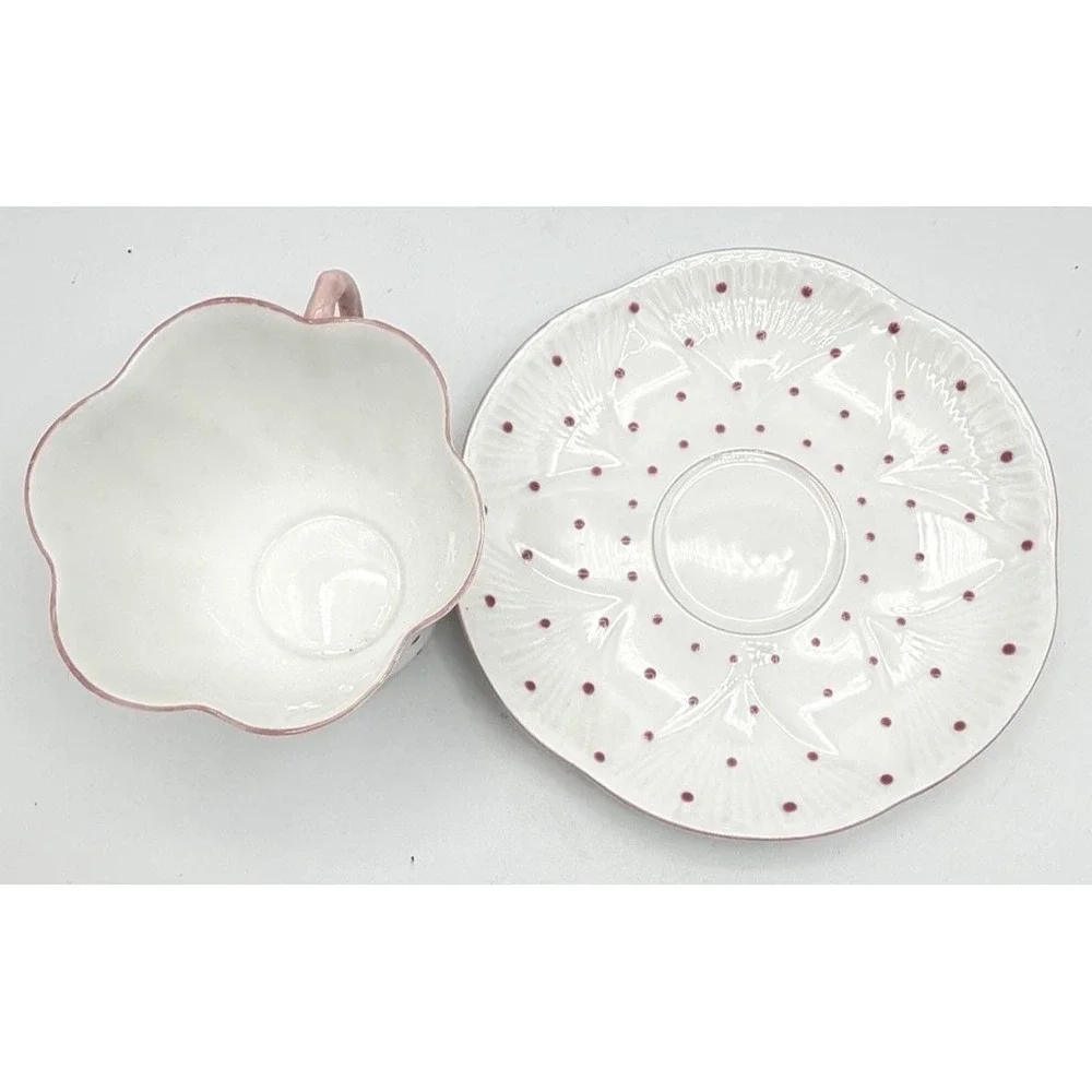 Shelley England Tea Cup Saucer Set White Pink Polka Dots Fine Bone China EUC